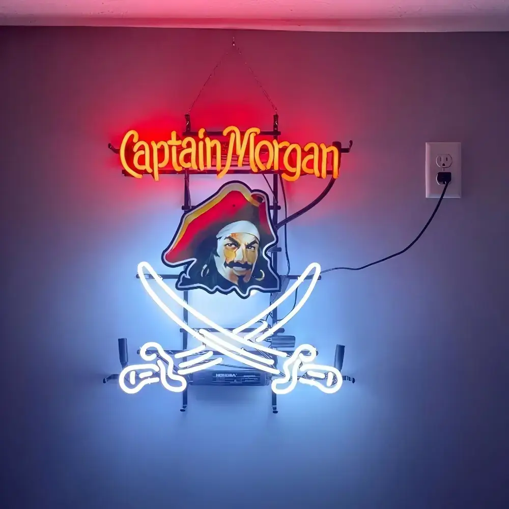 Captain Morgan glass neon sign with a pirate portrait and crossed swords