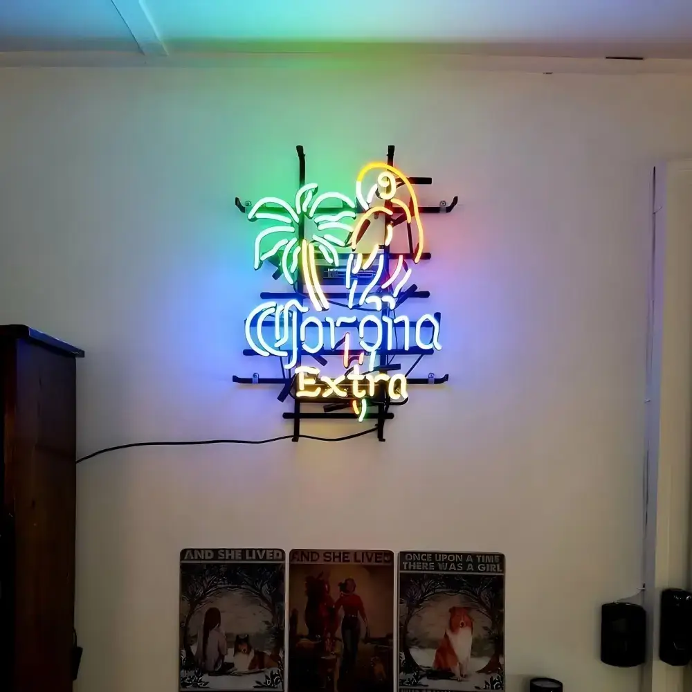 Corona Extra glass neon sign with a palm tree and parrot installed on a wall