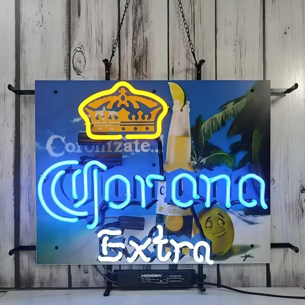 Corona Extra glass neon sign with crown and tropical printed backing