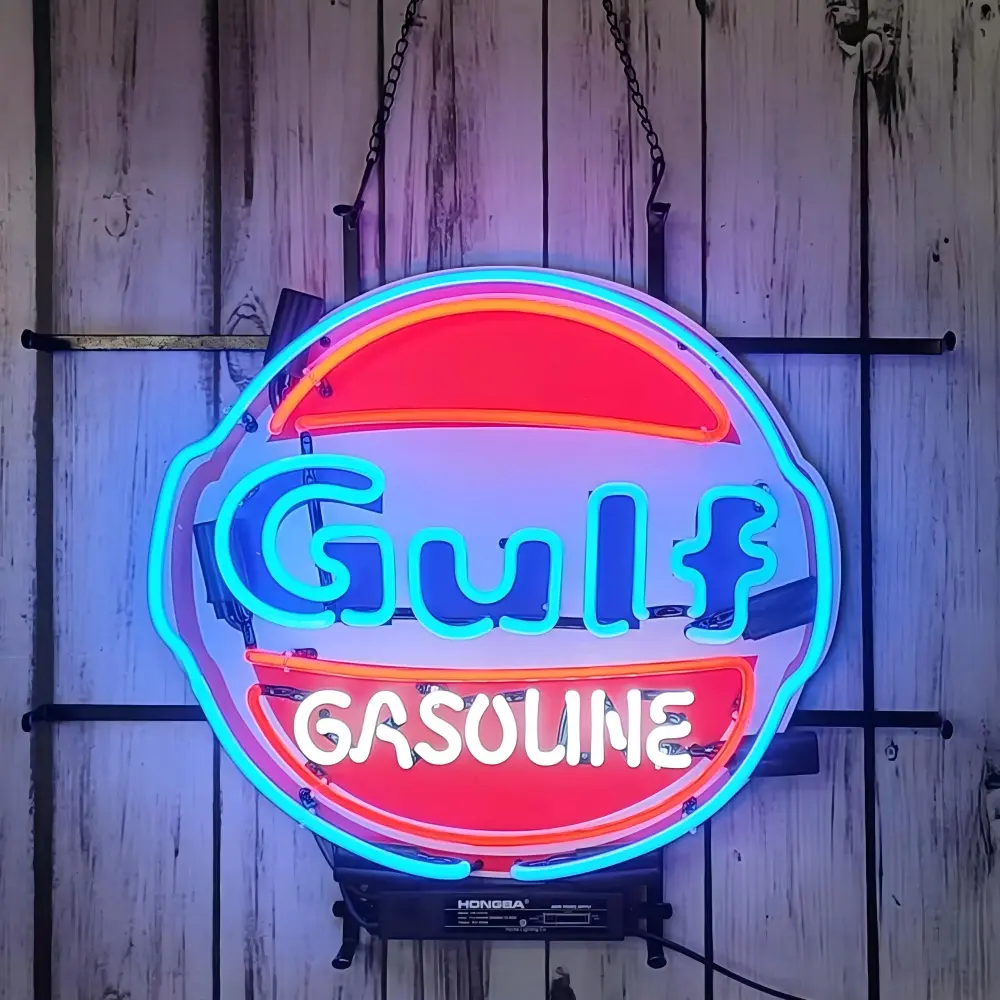 Gulf Gasoline round glass neon sign with multicolor illuminated tubing