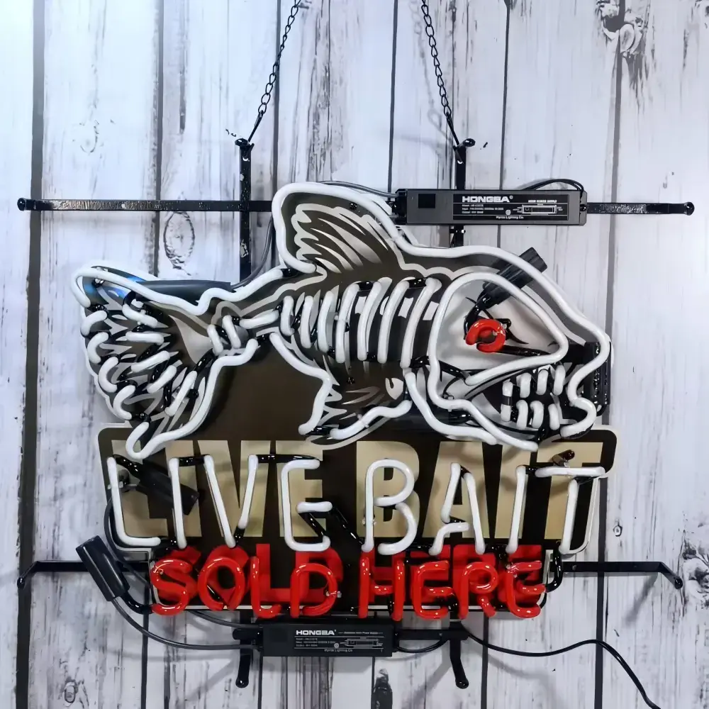 Live Bait Sold Here glass neon sign with an illuminated fish skeleton