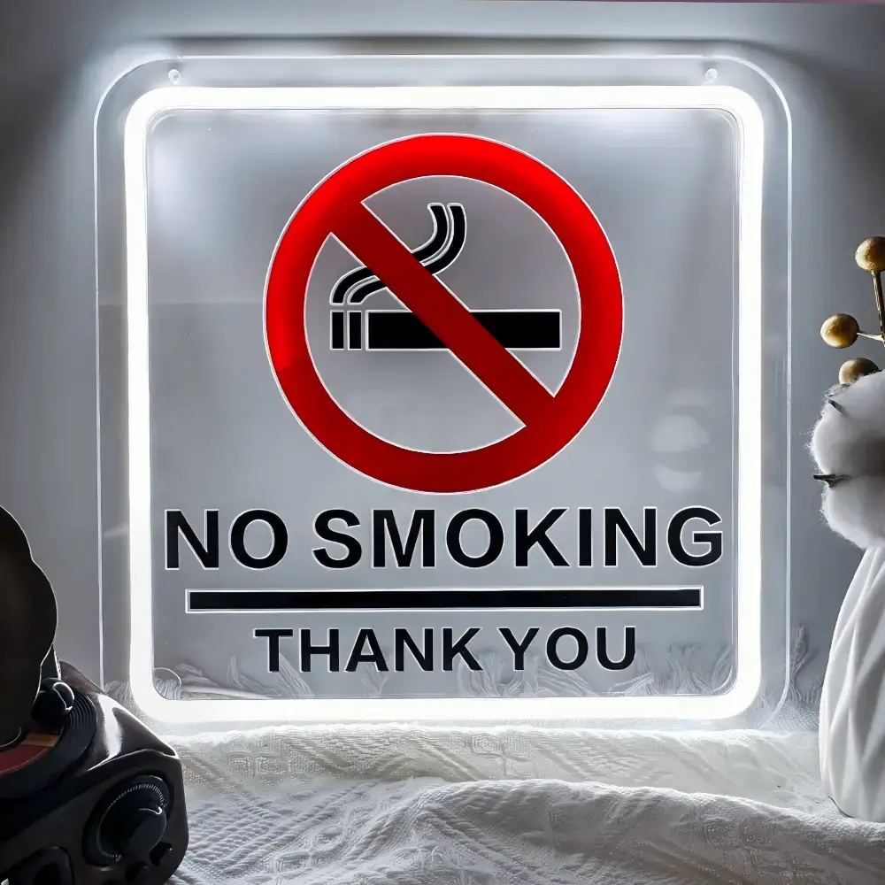 UV-printed no smoking sign with a white LED neon border on clear acrylic