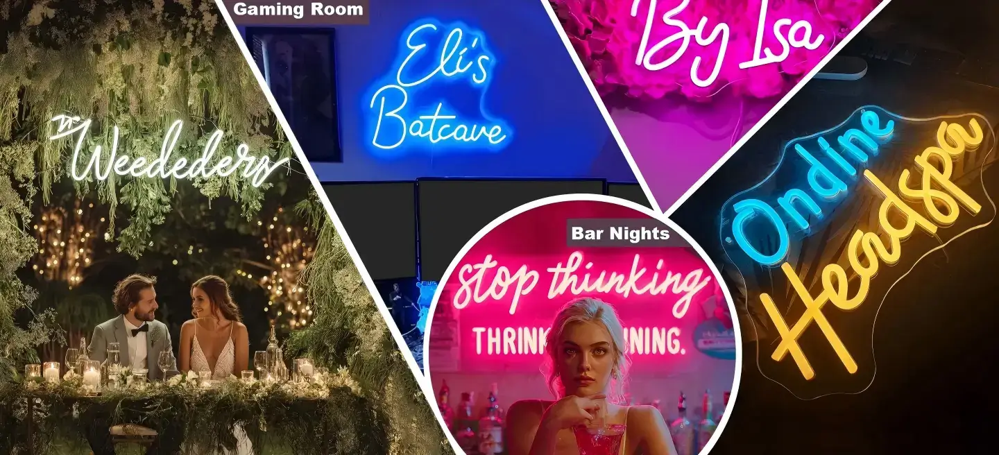 Custom LED neon signs displayed across weddings, gaming rooms, and bars