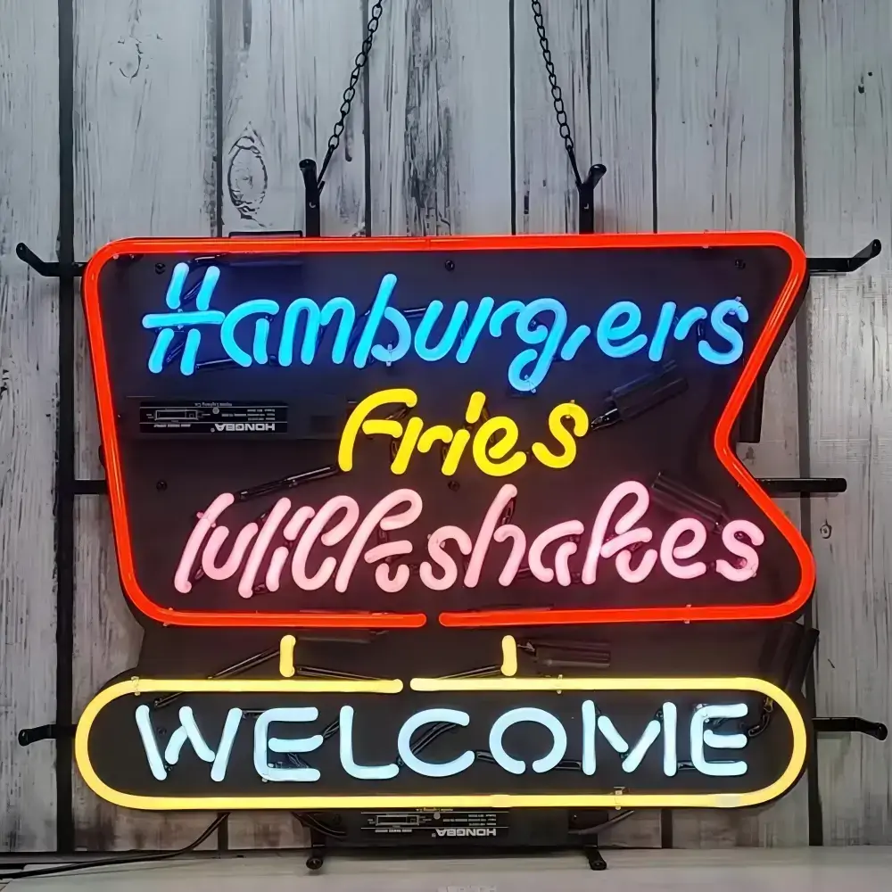 Hamburgers Fries Milkshakes glass neon sign on a black backing panel